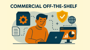 La imagen ilustra una representación digital de estilo plano de un concepto comercial listo para usar (COTS). La imagen muestra un ordenador portátil con varios iconos de software, que representan las diversas soluciones de software listas para usar que pueden adquirirse y utilizarse inmediatamente. Alrededor del portátil hay otros elementos, como un carrito de la compra, un escudo y una nube, que destacan aspectos como la rentabilidad, la seguridad y la integración en la nube. El fondo incluye elementos de diseño sencillos y modernos que complementan la imagen principal en un diseño limpio y profesional.