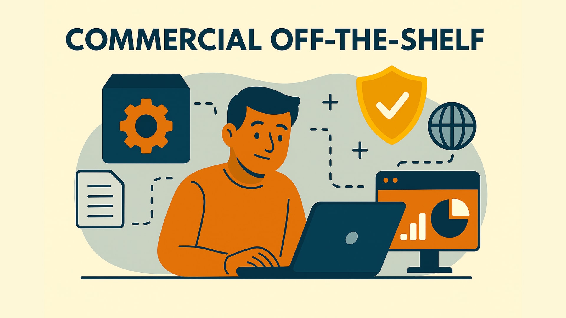 La imagen ilustra una representación digital de estilo plano de un concepto comercial listo para usar (COTS). La imagen muestra un ordenador portátil con varios iconos de software, que representan las diversas soluciones de software listas para usar que pueden adquirirse y utilizarse inmediatamente. Alrededor del portátil hay otros elementos, como un carrito de la compra, un escudo y una nube, que destacan aspectos como la rentabilidad, la seguridad y la integración en la nube. El fondo incluye elementos de diseño sencillos y modernos que complementan la imagen principal en un diseño limpio y profesional.