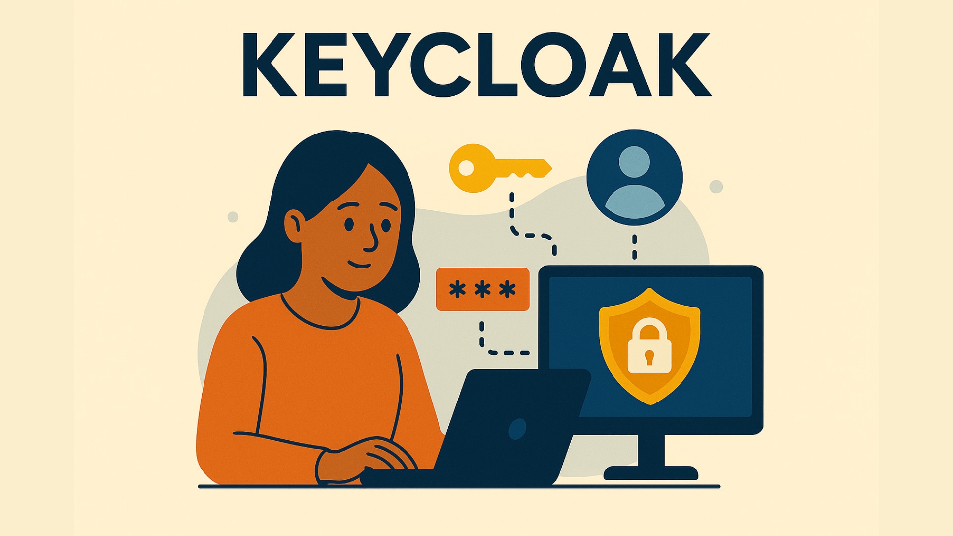 A flat-style digital illustration featuring a woman with medium skin and wavy dark hair, dressed in an orange shirt, interacting with a laptop. The word 'KEYCLOAK' is displayed prominently at the top. A computer monitor beside her shows a shield icon with a lock, a key symbol, and a user profile, all set against a warm beige background with soft blue accents.