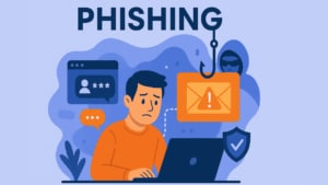 Ilustración digital de estilo plano que muestra a un joven que mira preocupado la pantalla de su portátil, en la que aparece un correo electrónico de phishing con un icono de advertencia. Un anzuelo de pesca simboliza el intento de phishing, mientras que una figura sombría que representa a un ciberatacante acecha en el fondo. La combinación de colores incluye azules, naranjas y grises.