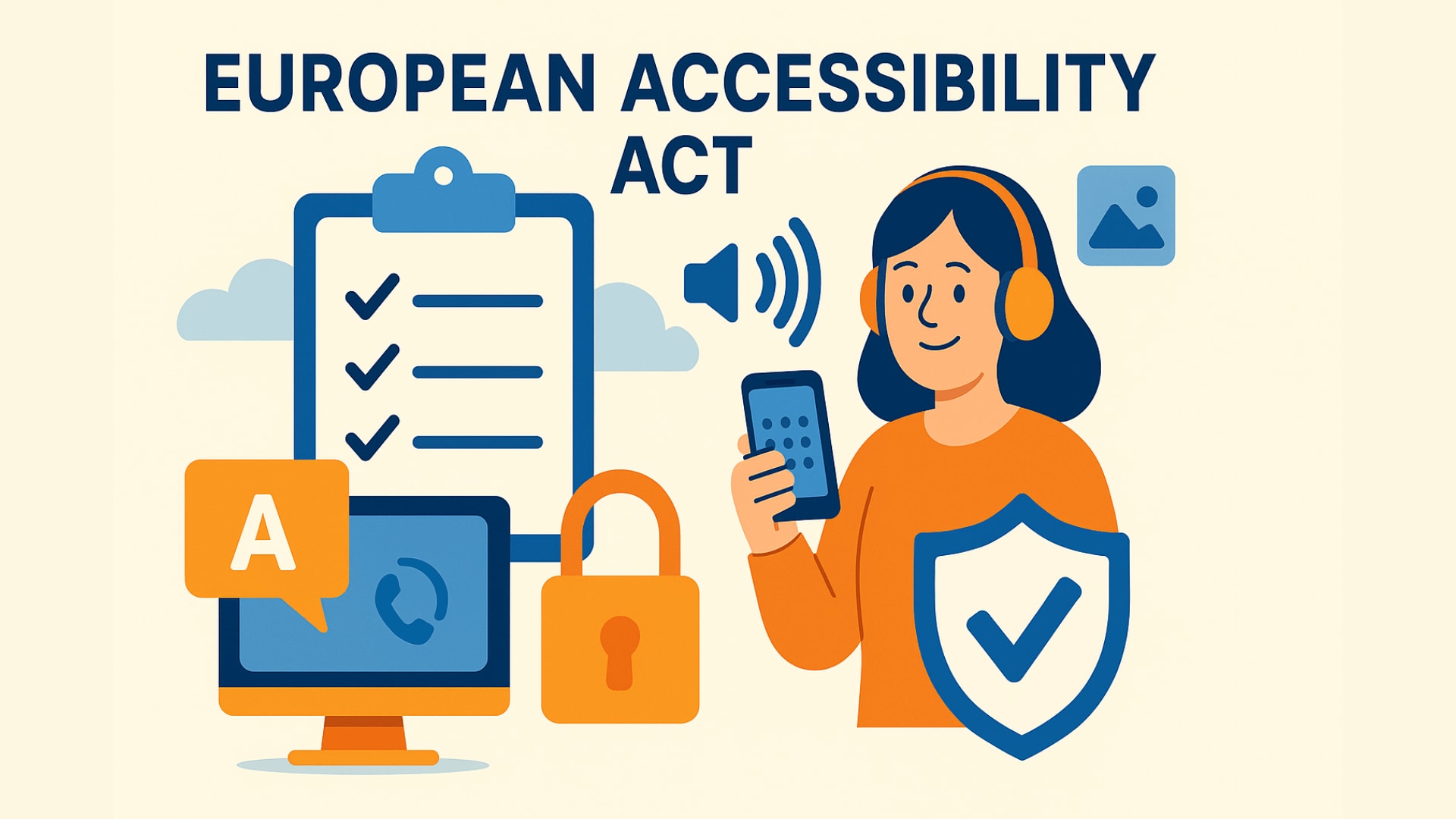 Illustration representing the European Accessibility Act, featuring a smiling woman wearing headphones holding a smartphone, a checklist on a clipboard, security lock, accessibility icons, and assistive technology symbols, all in a blue and orange color scheme on a light background.