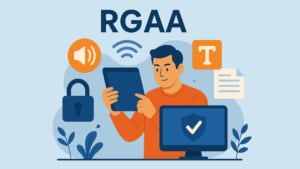 Illustration representing the RGAA (Référentiel Général d'Amélioration de l'Accessibilité), featuring a man in an orange shirt using a tablet, surrounded by icons symbolizing accessibility and security such as a padlock, sound, Wi-Fi, text, and a shield with a checkmark, all set against a light blue background with decorative plants and clouds.