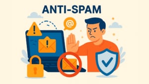 "Illustration about anti-spam protection, showing a man in an orange shirt making a stop gesture toward a laptop displaying warning icons and a spam email symbol. Surrounding elements include a lock, shield with a checkmark, no-spam sign, and '@' icon, all in a flat design with a blue and orange color scheme on a light background.
