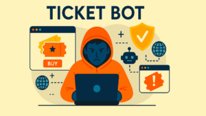 Illustration showing a ticket bot operating on a website, represented by a robotic figure interacting with a ticket purchase page, symbolizing automated ticket purchasing and ticket scalping activities.
