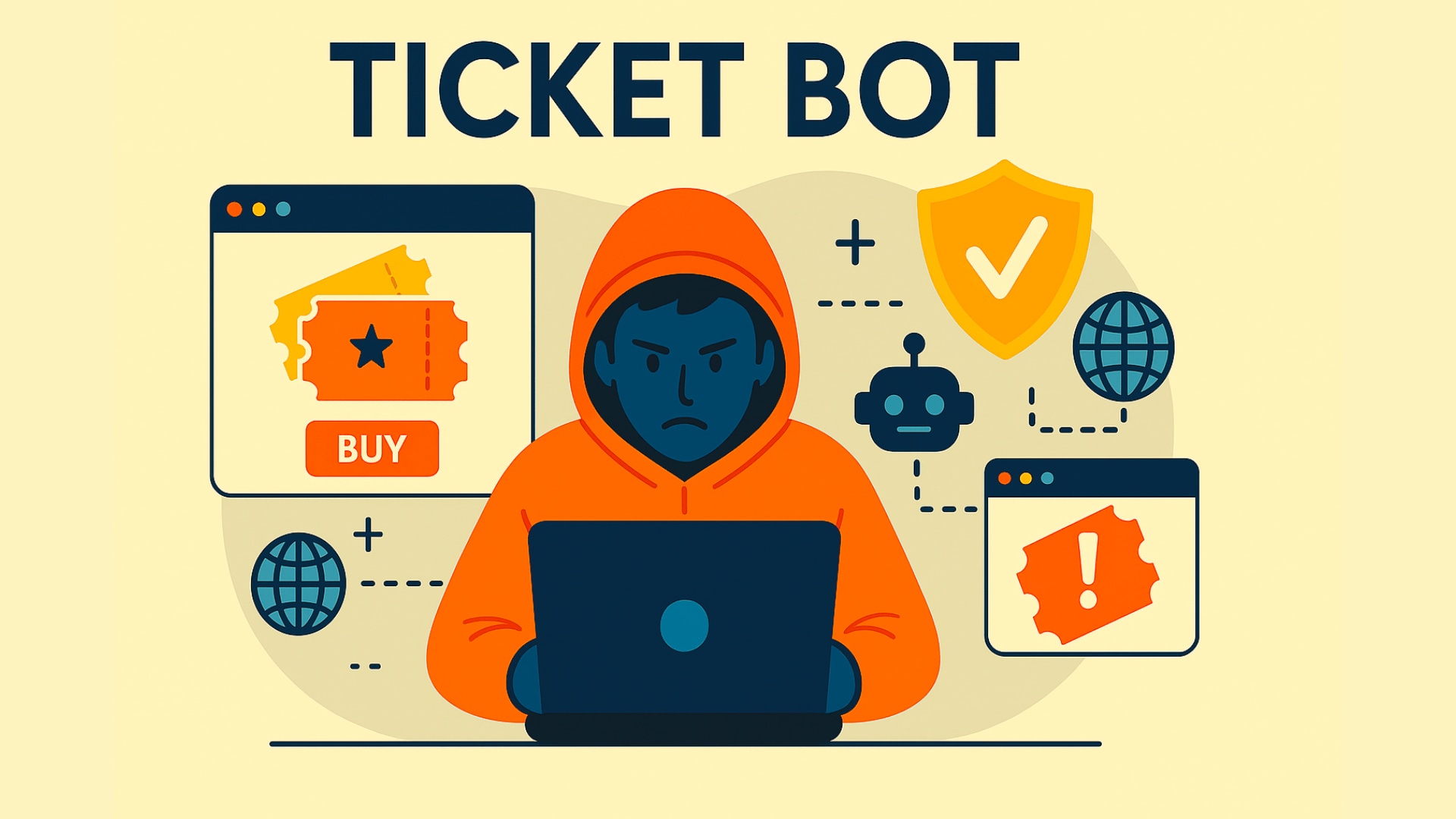 Illustration showing a ticket bot operating on a website, represented by a robotic figure interacting with a ticket purchase page, symbolizing automated ticket purchasing and ticket scalping activities.