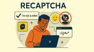 Digital illustration showing a person interacting with an online form to prevent bots, with security symbols representing bot protection and CAPTCHA solutions.