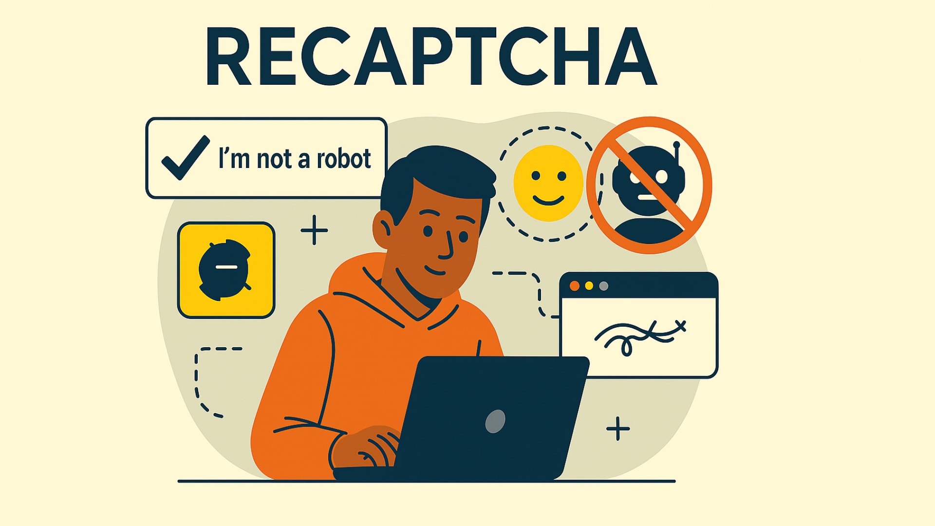 Digital illustration showing a person interacting with an online form to prevent bots, with security symbols representing bot protection and CAPTCHA solutions.