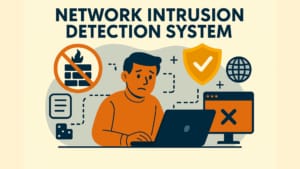 The image illustrates a Network Intrusion Detection System (NIDS) with a flat-style digital design. A security professional is working on a laptop, surrounded by various security symbols, including a shield, firewall icon, globe, and a network packet. Dotted lines connect these elements, creating a cohesive and visually balanced scene. The muted color palette includes yellows, oranges, navy blues, and grays. The text "NETWORK INTRUSION DETECTION SYSTEM" is prominently displayed at the top.
