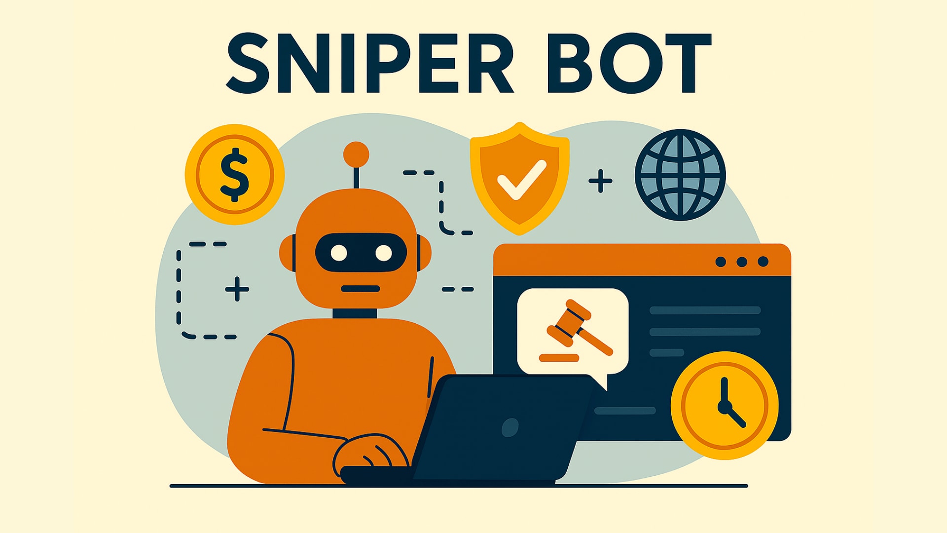 The image features a flat-style digital illustration of a sniper bot. An orange robot is shown working on a navy laptop with a screen displaying an auction window, a gavel icon, and a clock symbol. Surrounding the bot are various elements including a dollar sign, shield, globe, and dashed lines that connect them. The bold, navy blue text "SNIPER BOT" is prominently displayed at the top against a beige background.