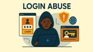 Une illustration numérique de style plat intitulée "LOGIN ABUSE" montre un personnage encapuchonné à l'expression sévère utilisant un ordinateur portable. Autour de la figure se trouvent des icônes comprenant un formulaire de connexion avec un champ de mot de passe, un bouclier d'avertissement, un globe et une fenêtre de navigateur avec un symbole de clé, tous reliés par des lignes pointillées, sur un fond beige clair.