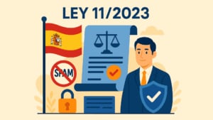Illustration representing Spain's Ley 11/2023, featuring a Spanish flag, a legal document with scales of justice, a 'no spam' symbol, a security padlock, and a man in a suit with a shield and checkmark, all in a flat design style with red, yellow, orange, and blue tones on a light background.