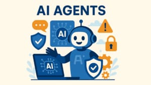 Illustration of AI agents in cybersecurity, featuring a friendly robot with a headset standing beside a laptop displaying an AI chip icon. Surrounding the robot are security symbols including a shield with a checkmark, a padlock, a warning triangle, gears, and speech bubbles, all in a blue, orange, and beige color scheme with a clean, flat design.