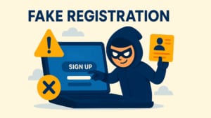 Illustration about fake registration, showing a masked character in a dark hoodie holding a fake ID card next to a laptop displaying 'Sign Up' forms. Warning symbols, an error icon, and a yellow exclamation triangle emphasize the cybersecurity threat, all set against a light beige background in a flat design style.