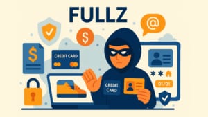 Illustration sur le vol de données 'Fullz&#039 ; montrant un personnage masqué en sweat à capuche tenant une carte de crédit et une pièce d'identité. Les éléments environnants comprennent des icônes de cartes de crédit, un signe de dollar, une date de calendrier, un document, un cadenas, un symbole d'e-mail et un profil d'informations personnelles, le tout dans un design plat avec des tons bleus, orange et beiges.