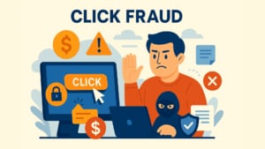 Illustration sur la fraude au clic, représentant un homme inquiet, vêtu d'une chemise orange, qui lève la main tout en utilisant un ordinateur portable. Un grand écran affiche un bouton 'Click&#039 ; avec un curseur, entouré d'icônes comprenant des signes de dollar, des symboles d'avertissement, un cadenas et une figure masquée, le tout dans un design plat avec des tons bleus, orange et beiges.