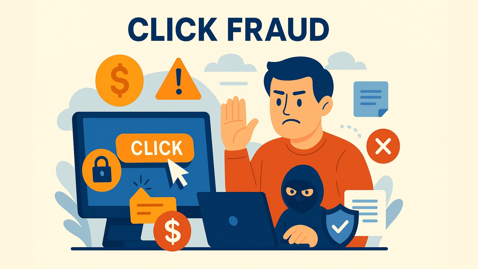Illustration about click fraud, featuring a concerned man in an orange shirt raising his hand while using a laptop. A large monitor displays a 'Click' button with a cursor, surrounded by icons including dollar signs, warning symbols, a padlock, and a masked figure, all in a flat design with blue, orange, and beige tones.