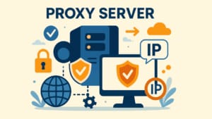 Illustration représentant un serveur proxy, avec une icône de serveur central connecté à un écran d'ordinateur avec des boucliers de sécurité, des étiquettes d'adresse IP, un globe, un cadenas et des flèches directionnelles, le tout dans un style de design plat avec une palette de couleurs bleu, orange et beige.