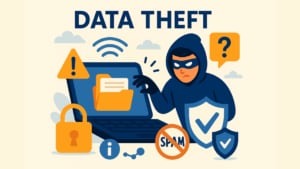 Ilustración de robo de datos en la que aparece una figura enmascarada con una sudadera oscura que se acerca a un ordenador portátil en el que se muestra una carpeta de archivos. Los iconos circundantes incluyen un candado, una señal de advertencia, un símbolo de información, un icono de "no spam", un escudo con marcas de verificación y un signo de interrogación, todo ello en un diseño plano con tonos azules, naranjas y beige.