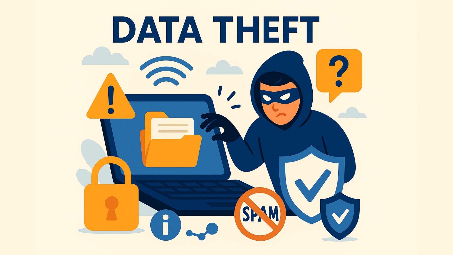 Ilustración de robo de datos en la que aparece una figura enmascarada con una sudadera oscura que se acerca a un ordenador portátil en el que se muestra una carpeta de archivos. Los iconos circundantes incluyen un candado, una señal de advertencia, un símbolo de información, un icono de "no spam", un escudo con marcas de verificación y un signo de interrogación, todo ello en un diseño plano en tonos azul, naranja y beige.
