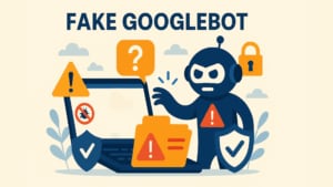 Illustration mettant en garde contre les faux Googlebots, représentant un robot menaçant se dirigeant vers l'écran d'un ordinateur portable. Les éléments environnants comprennent des points d'exclamation, un bouclier, un cadenas, un symbole d'insecte et un dossier avec un signe d'alerte, le tout dans un style de conception plate avec des tons bleus, orange et beiges.