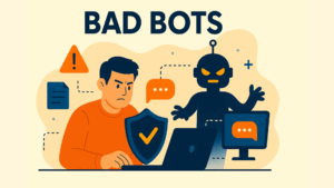 A flat-style digital illustration depicting a young man facing off against a menacing robot, symbolizing "BAD BOTS" in a cybersecurity scenario. The man is focused on his laptop, holding a shield, while the robot with glowing eyes threatens him. Various digital symbols like warning signs and icons highlight the online threat, all set against a beige background with bold "BAD BOTS" text.