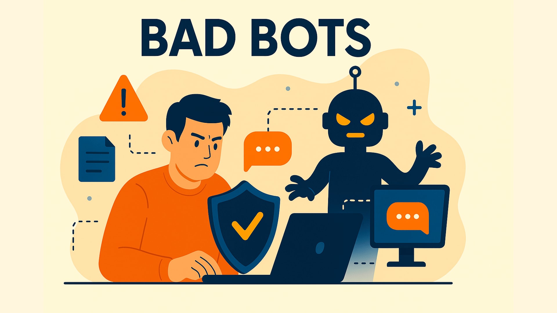 Ilustración digital de estilo plano que representa a un joven enfrentándose a un robot amenazador, símbolo de los "BAD BOTS" en un escenario de ciberseguridad. El hombre está concentrado en su portátil, sosteniendo un escudo, mientras el robot de ojos brillantes le amenaza. Varios símbolos digitales, como señales de advertencia e iconos, destacan la amenaza en línea, todo ello sobre un fondo beige con el texto "BAD BOTS" en negrita.