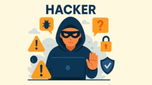 Illustration d'un pirate informatique portant un sweat à capuche sombre et un masque pour les yeux, travaillant sur un ordinateur portable. Autour de la figure se trouvent des icônes liées à la cybersécurité, notamment des triangles d'avertissement, un symbole de bogue, un cadenas, un point d'interrogation et un bouclier de sécurité, le tout dans un style de conception plate avec des tons bleus, orange et beiges.