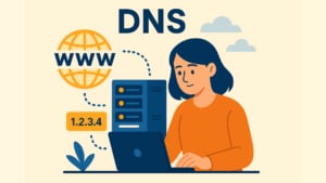Illustration expliquant le DNS (Domain Name System), représentant une femme en chemise orange travaillant sur un ordinateur portable. Derrière elle se trouve un serveur, un globe avec 'www&#039 ; et une ligne pointillée menant à une adresse IP '1.2.3.4&#039 ;. Le design utilise un style plat avec des tons bleus, orange et beiges, avec des nuages et une petite plante en arrière-plan.