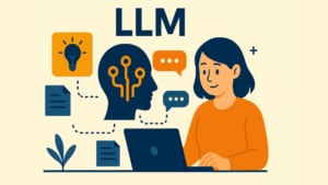 Illustration showing a woman using a laptop, with a stylized human head featuring circuit lines representing a large language model (LLM). Around her are icons of speech bubbles, documents, and a light bulb, symbolizing AI-generated ideas and communication. The color scheme includes warm oranges and cool blues in a flat design style.