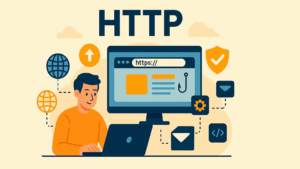 A flat-style digital illustration depicting a focused man in an orange shirt working on his laptop, with the "HTTP" acronym in bold above. The scene includes a browser window displaying "https://" and a fishing hook, symbolizing online threats for Hypertext Transfer Protocol. Surrounding the central monitor are various web-related icons, such as a globe, shield, gear, and envelope, connected by dashed lines, highlighting the flow of web technology.