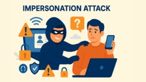 Illustration of an impersonation attack, showing a masked figure in a dark hoodie placing a hand on the shoulder of a worried man holding a smartphone. Surrounding them are icons such as warning triangles, padlocks, a shield with a checkmark, and a laptop displaying a contact card, all in a flat design with blue, orange, and beige tones.