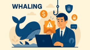 Illustration einer Walfang-Cyberattacke, die einen besorgten Mann im Anzug zeigt, der eine E-Mail mit einem Warnsymbol in der Hand hält und an einem Laptop sitzt. Neben ihm taucht ein großer blauer Wal aus dem Wasser auf, während ein Phishing-Haken, ein Dollarzeichen, Vorhängeschlösser und Schildsymbole den Fokus des Angriffs auf hochkarätige Ziele betonen. Das Design verwendet einen flachen Stil mit blauen, orangen und beigen Tönen.