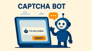 Illustration d'un robot CAPTCHA, montrant un robot souriant faisant un signe de la main à côté d'un écran d'ordinateur portable affichant un défi CAPTCHA avec le texte 'I'm not a robot&#039 ; et un bouton 'VERIFY&#039 ;. Une bulle de dialogue et une icône de robot viennent enrichir le thème, le tout présenté dans un design plat aux tons bleus, orange et beiges.