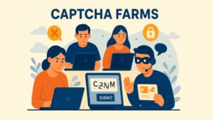 Illustration einer CAPTCHA-Farm, die mehrere Personen zeigt, die intensiv an Laptops arbeiten, um CAPTCHA-Aufgaben zu lösen. Eine maskierte Person mit einem Headset hält ein Dokument, während ein anderer Computer verzerrte Zeichen mit einer Schaltfläche 'SUBMIT' anzeigt. Sprechblasen mit Sicherheitssymbolen und ein gedämpfter Farbhintergrund vermitteln das Thema in einem flachen Designstil mit Blau-, Orange- und Beigetönen.
