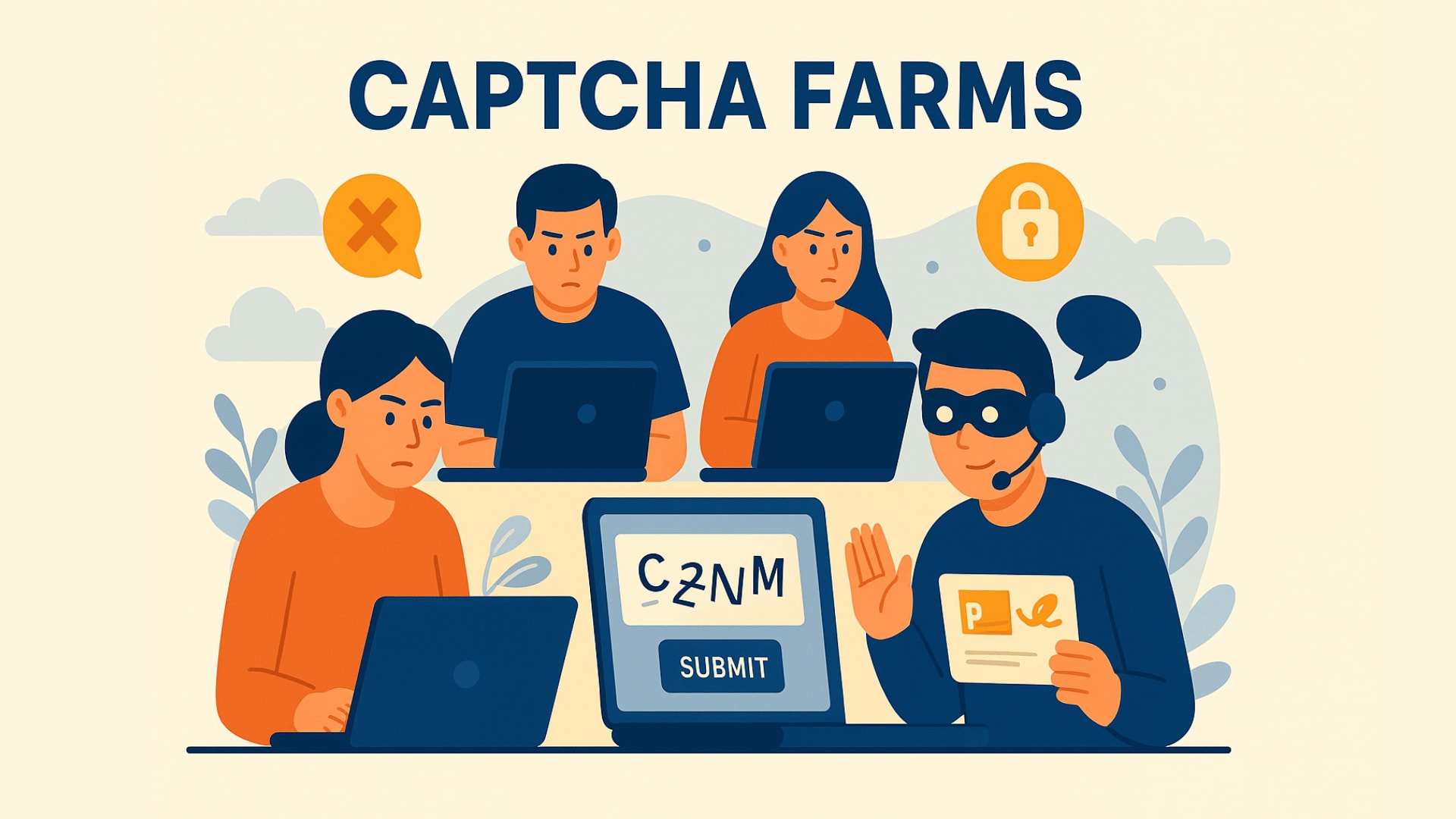 Illustration einer CAPTCHA-Farm, die mehrere Personen zeigt, die intensiv an Laptops arbeiten, um CAPTCHA-Aufgaben zu lösen. Eine maskierte Person mit einem Headset hält ein Dokument, während ein anderer Computer verzerrte Zeichen mit einer "SUBMIT"-Taste anzeigt. Sprechblasen mit Sicherheitssymbolen und ein gedämpfter Farbhintergrund vermitteln das Thema in einem flachen Designstil mit Blau-, Orange- und Beigetönen.