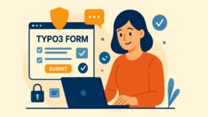 Illustration eines TYPO3-Formulars, die eine lächelnde Frau in einem orangefarbenen Hemd zeigt, die einen Laptop benutzt. Auf dem Bildschirm ist ein Webformular mit der Aufschrift 'TYPO3 FORM' mit Kontrollkästchen, Textfeldern und einer großen orangefarbenen 'SUBMIT' Schaltfläche. Um das Formular herum erscheinen ein Vorhängeschloss, eine Sprechblase und das Schild, alles in einem flachen Design mit blauen, orangen und beigen Farbtönen.