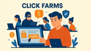 Illustration einer Klick-Farm, die einen ernst dreinblickenden Mann in einem orangefarbenen Hemd zeigt, der auf einem großen Laptop-Bildschirm, auf dem ein Vorhängeschloss und ein Dollarzeichen zu sehen sind, auf eine 'CLICK'-Taste klickt. Hinter ihm arbeiten mehrere Personen - darunter zwei Frauen, eine maskierte Gestalt und ein Mann mit einem Headset - an Laptops. Die Szene ist in einem flachen Design mit blauen, orangefarbenen und beigen Tönen gestaltet, um die koordinierten betrügerischen Aktivitäten zu unterstreichen.