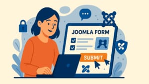Illustration eines Joomla-Formulars, das eine lächelnde Frau in einem orangefarbenen Hemd zeigt, die einen Laptop benutzt. Auf dem Bildschirm befindet sich ein Formular mit der Aufschrift 'JOOMLA FORM' mit Kontrollkästchen, einem Benutzersymbol und einer großen orangefarbenen 'SUBMIT' Schaltfläche. Die umgebenden Elemente umfassen das Joomla-Logo, ein Vorhängeschloss, eine Sprechblase und Schildsymbole, alles in einem flachen Design mit blauen, orangen und beigen Tönen.