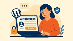 Illustration eines WordPress-Formulars, die einen jungen Mann in einem orangefarbenen Hemd zeigt, der an einem Laptop arbeitet. Der Bildschirm zeigt ein Webformular mit der Aufschrift 'WORDPRESS FORM' mit Eingabefeldern, einem Profilsymbol und einer orangefarbenen 'SUBMIT' Schaltfläche. Zu den umgebenden Elementen gehören das WordPress-Logo, ein Vorhängeschloss und Sprechblasensymbole, alles in einem flachen Design mit blauen, orangen und beigen Farbtönen.