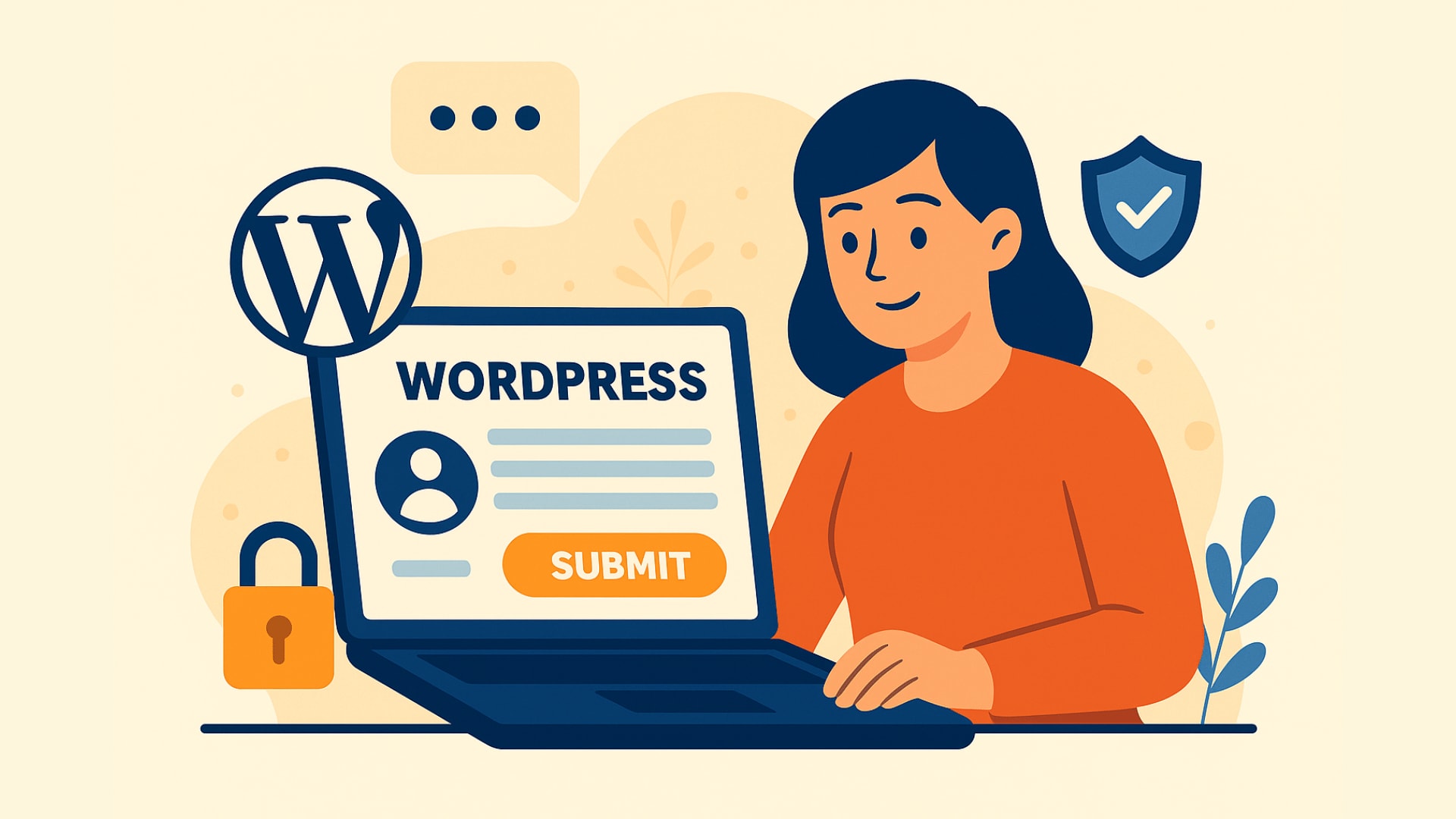 Illustration eines WordPress-Formulars, die einen jungen Mann in einem orangefarbenen Hemd zeigt, der an einem Laptop arbeitet. Der Bildschirm zeigt ein Webformular mit der Aufschrift "WORDPRESS FORM" mit Eingabefeldern, einem Profilsymbol und einer orangefarbenen Schaltfläche "SUBMIT". Zu den umgebenden Elementen gehören das WordPress-Logo, ein Vorhängeschloss und Sprechblasensymbole, alles in einem flachen Design mit blauen, orangen und beigen Farbtönen.