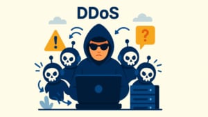 Illustration of a DDoS (Distributed Denial of Service) attack, showing a concerned man in an orange shirt sitting at a laptop while multiple warning icons, exclamation marks, and network connection lines bombard a central server. The background includes a shield, bug symbol, and lock, all in a flat design with blue, orange, and beige tones.