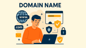 A flat-style digital illustration showing a young man in an orange shirt working on his laptop. The image highlights the concept of domain names, featuring a globe with “www.” , a “.com” label, a browser window, and security icons such as shields and a padlock. The background is light beige with abstract cloud shapes, and dashed lines connect the various web elements, emphasizing domain management and online safety.