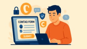 Illustration d'un formulaire Contao, montrant un jeune homme en chemise orange utilisant un ordinateur portable. L'écran affiche un formulaire web intitulé 'CONTAO FORM&#039 ; avec des champs de saisie, des coches et un grand bouton orange 'SUBMIT&#039 ;. Les icônes environnantes comprennent le logo Contao, un cadenas et un bouclier, le tout dans un design plat avec des tons bleus, orange et beiges.