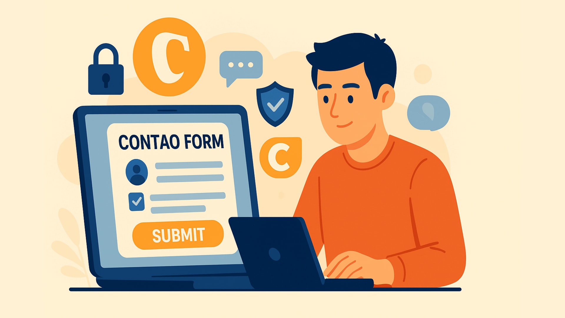 Illustration d'un formulaire Contao, montrant un jeune homme en chemise orange utilisant un ordinateur portable. L'écran affiche un formulaire web intitulé "CONTAO FORM" avec des champs de saisie, des cases à cocher et un gros bouton orange "SUBMIT". Les icônes environnantes comprennent le logo Contao, un cadenas et un bouclier, le tout dans un design plat avec des tons bleus, orange et beiges.