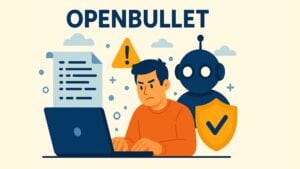 Illustration d'OpenBullet, montrant un personnage masqué en sweat à capuche travaillant sur un ordinateur portable avec des scripts et du code à l'écran. Les icônes qui l'entourent sont un réticule de visée, un triangle d'avertissement, un engrenage, des informations d'identification de l'utilisateur et un cadenas, le tout dans un design plat avec des tons bleus, orange et beiges, représentant des outils automatisés de vérification des informations d'identification et de test.