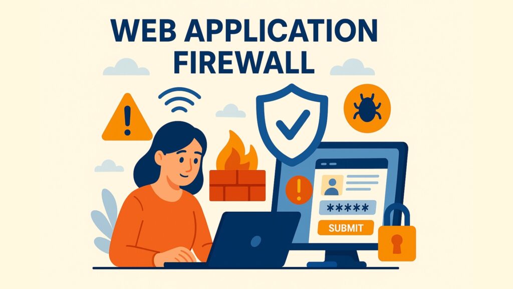 Ilustración de un cortafuegos de aplicaciones web (WAF) en la que aparece un hombre seguro de sí mismo con una camisa naranja trabajando con un portátil. Delante de él hay un gran escudo que bloquea varias ciberamenazas, como errores, símbolos de advertencia y códigos maliciosos. Los elementos circundantes incluyen un muro cortafuegos, un candado, engranajes y un globo terráqueo, todo ello representado en un estilo de diseño plano con tonos azules, naranjas y beige.