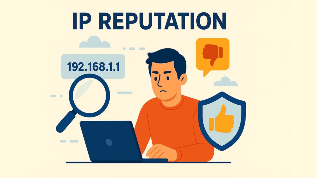 Ilustración de la reputación IP, que muestra a un hombre reflexivo con camisa naranja trabajando en un ordenador portátil. Detrás de él aparece un globo terráqueo con un pin de localización y una dirección IP, junto con un gran símbolo en forma de escudo que representa la confianza y la seguridad. El diseño, de estilo plano, utiliza tonos azules, naranjas y beiges con un desorden mínimo de iconos.