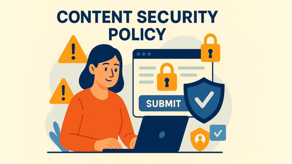 Illustration of Content Security Policy, featuring a woman in an orange shirt working on a laptop. A secure web form with padlock icons, a 'SUBMIT' button, and a shield with a checkmark appears on her screen. Background elements include warning signs and a user icon, all depicted in a flat design style with blue, orange, and beige tones.