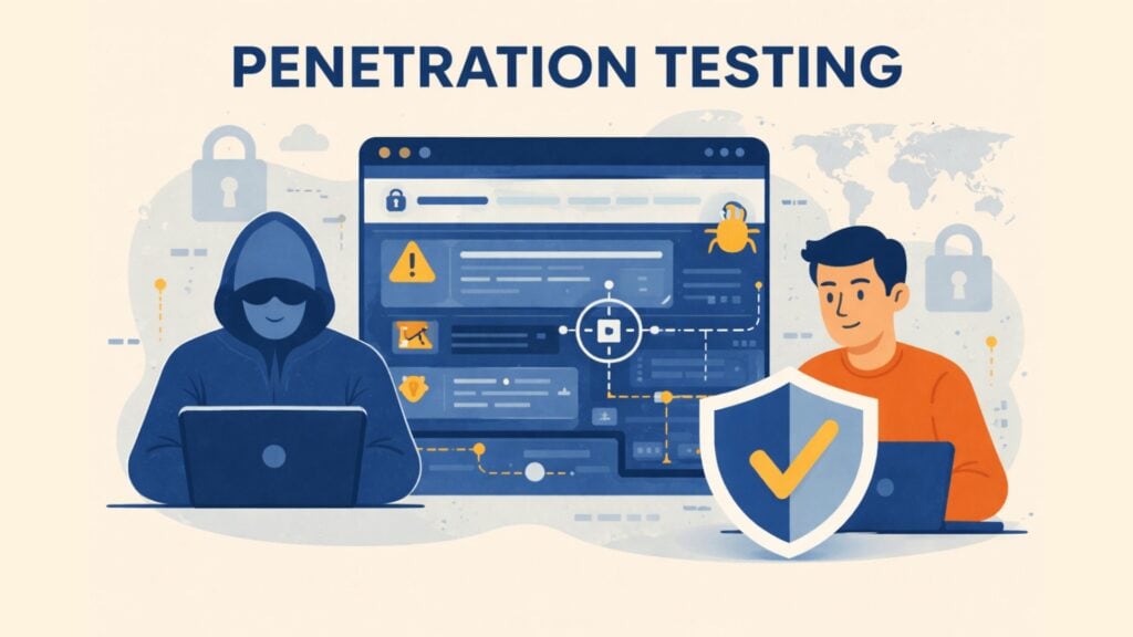 Illustration d'un test de pénétration, montrant à gauche une silhouette de pirate informatique de couleur bleue travaillant sur un ordinateur portable et à droite un professionnel de la cybersécurité vêtu d'une chemise orange défendant le tableau de bord d'un site web. Un grand bouclier avec une coche symbolise la protection, tandis que des icônes d'avertissement et un symbole de bogue apparaissent dans le tableau de bord. Le design utilise un style plat et épuré avec des tons bleus, orange et beiges.