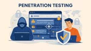 Illustration d'un test de pénétration, montrant à gauche une silhouette de pirate informatique de couleur bleue travaillant sur un ordinateur portable et à droite un professionnel de la cybersécurité vêtu d'une chemise orange défendant le tableau de bord d'un site web. Un grand bouclier avec une coche symbolise la protection, tandis que des icônes d'avertissement et un symbole de bogue apparaissent dans le tableau de bord. Le design utilise un style plat et épuré avec des tons bleus, orange et beiges.